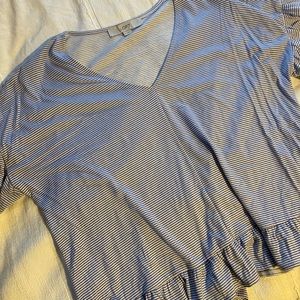 Blue and white stripe ruffle T shirt. Size S